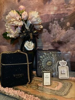 CHANEL Blue and Gold Glitter Crossbody with Camellia Charm, perfume bundle